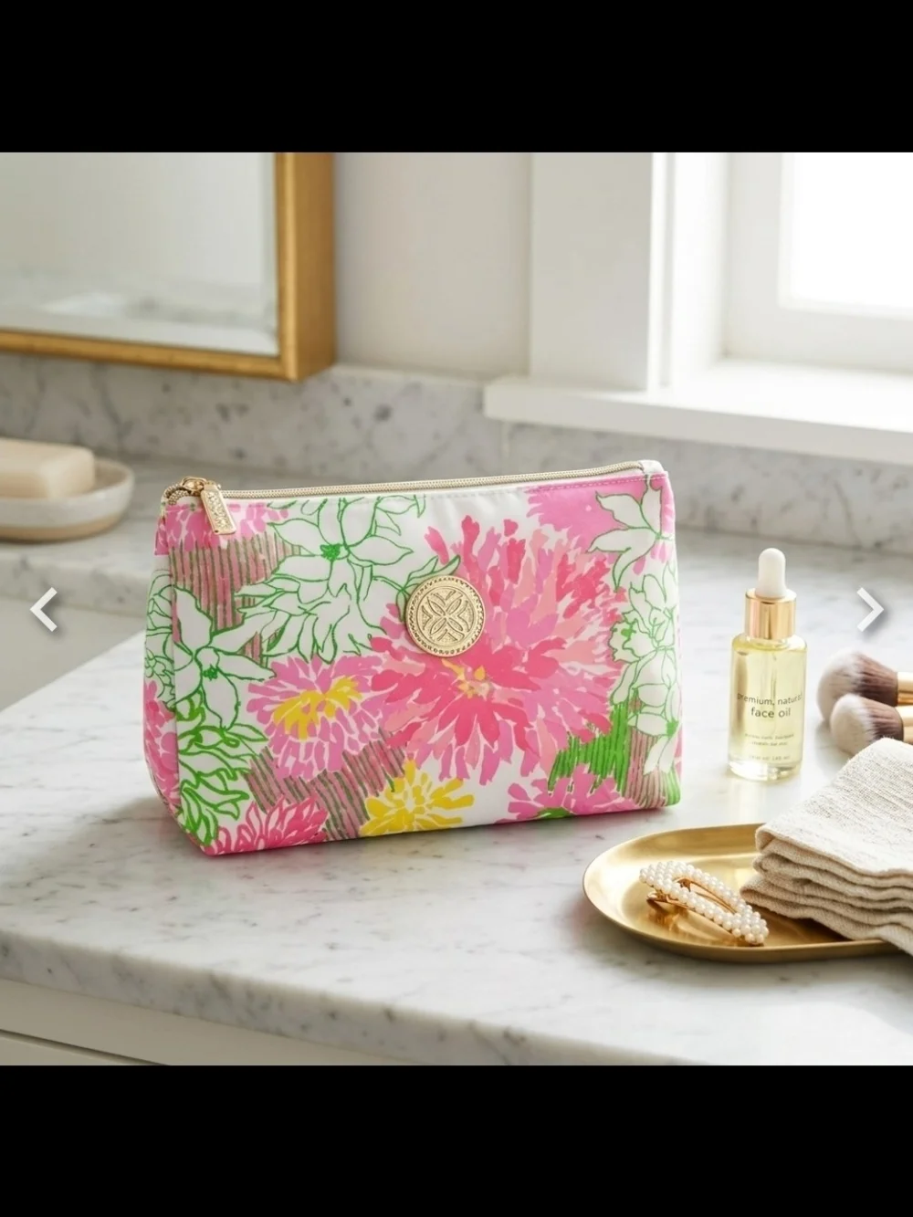 Lilly Pulitzer Pink Floral Cosmetic Pouch with Gold Medallion